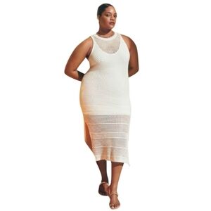 Aqua Beach Club | Women's White Chic Knit Eyelet Midi Cover/Dress (Size Large)